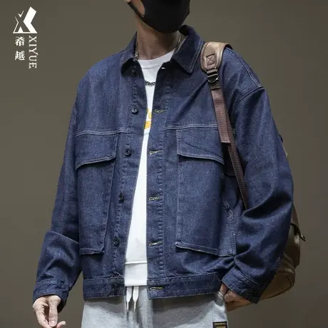 希越牛仔外套男休闲秋冬大口袋工装夹克男大码加绒加厚男款牛仔服商品大图