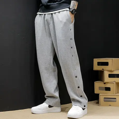 排扣运动裤男秋季宽松直筒加肥加大春秋款卫裤休闲男裤大码灰色商品大图