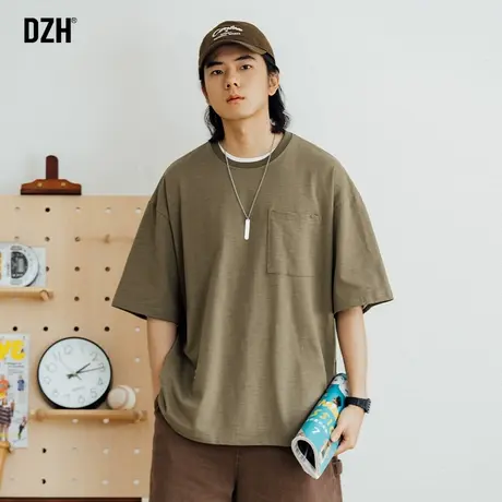 男士日系纯棉t恤男短袖夏季2023新款宽松五分袖体恤绿色半袖上衣商品大图