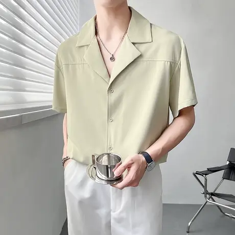 ins衬衫男落肩半袖夏季冰丝垂感古巴领小衫短袖休闲痞帅宽松上衣商品大图