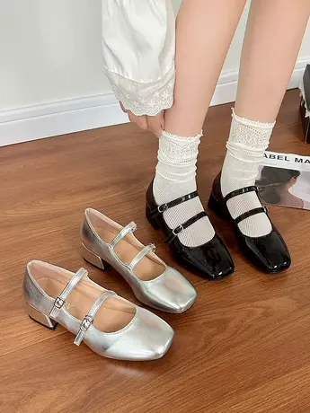 法式粗跟漆皮黑色玛丽珍鞋女2023年春夏新款ins潮配裙子浅口单鞋图片