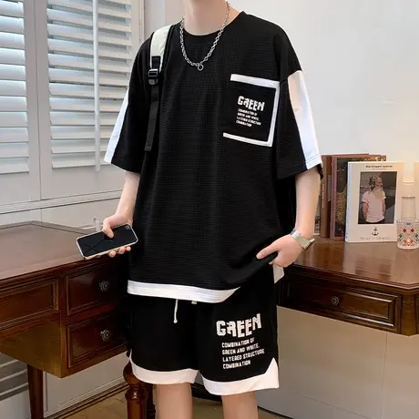 华夫格短袖套装男士夏季时尚潮牌一套搭配帅气青少年运动休闲衣服商品大图