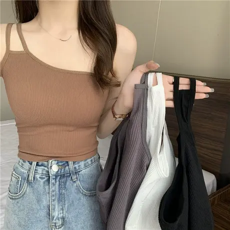 单肩吊带不规则外穿2023夏季带胸垫美背背心辣妹短款内搭上衣女潮商品大图