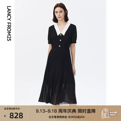 朗姿法式黑色衬衫裙泡泡袖百褶中长款连衣裙女夏新款长裙子高级感图片