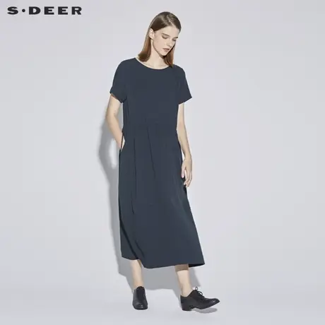 sdeer圣迪奥束腰连衣裙经典圆领抽绳百搭肌理休闲长裙S18281219图片