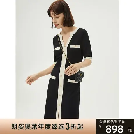朗姿显瘦小香风拼接撞色黑色气质高级感连衣裙夏季女装新款裙子商品大图