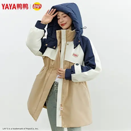 万茜明星同款乐事联名鸭鸭羽绒服女款2023年新品中长连帽外套W图片