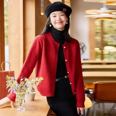 时尚气质毛衣开衫2023年秋季新款淑女温柔圆领宽松显瘦通勤上衣商品大图