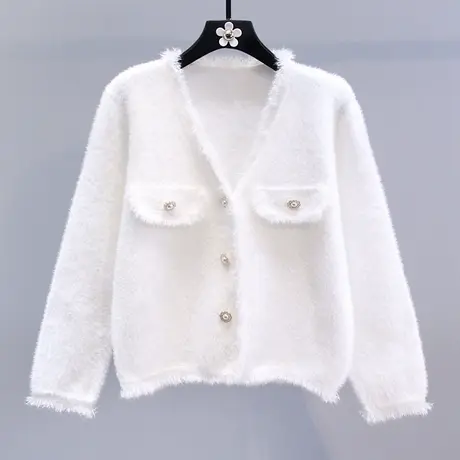 小香风高级感流苏水貂绒毛衣外套女秋冬2023新款时尚V领针织开衫商品大图