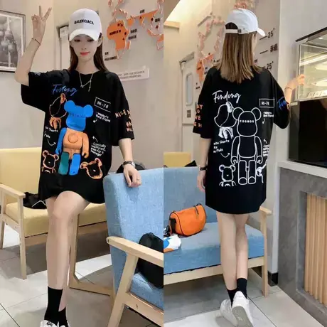 美式街头卡通小熊印花2023年新款潮t恤女宽松上衣中长款短袖女夏商品大图