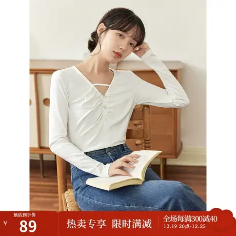 茵曼法式优雅T恤2023秋女装新款V领抽褶扣饰长袖显瘦打底衫上衣商品大图