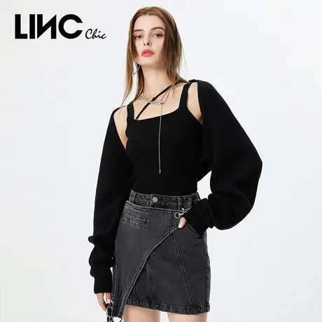 LINC金羽杰2023秋季新款摩登甜酷设计感短款修身吊带针织衫女毛衣图片