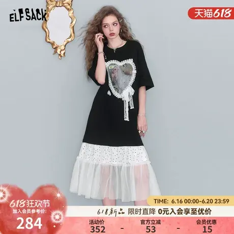 妖精的口袋蕾丝拼接印花网纱连衣裙女2025夏新宽松显瘦减龄T恤裙图片
