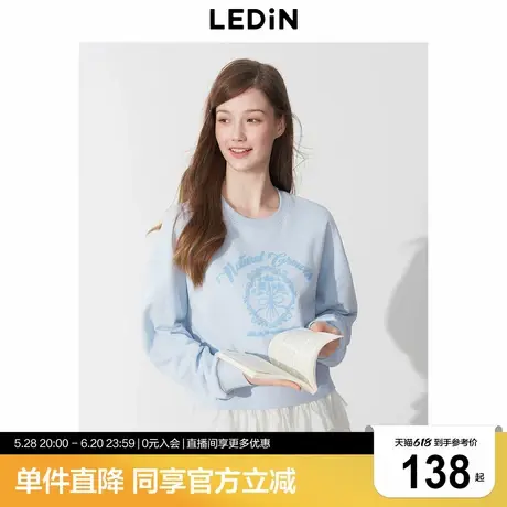 乐町韩系清甜圆领花朵字母印花蓝色卫衣2025春季新款宽松短款上衣图片