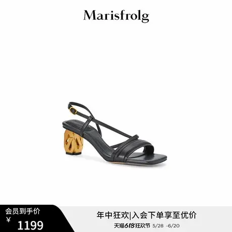 玛丝菲尔2022夏季新款真皮凉鞋黑色小众设计感一字带高跟鞋女图片