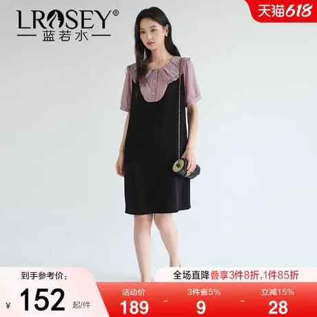 【娃娃领假两件背带裙】蓝若水大码2025夏新款甜美减龄宽松连衣裙图片