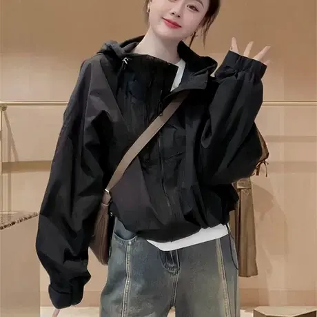 美式黑色短款冲锋衣外套女春秋新款欧货时尚双拉链设计感防风夹克商品大图