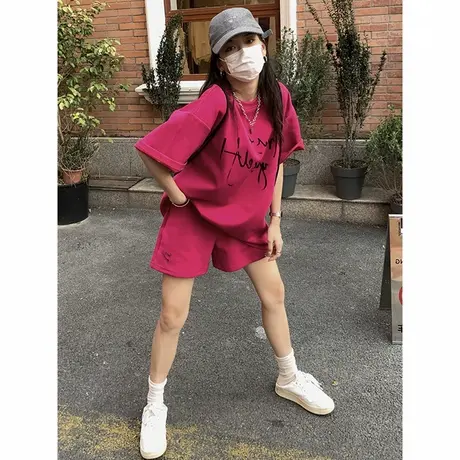 美式ins潮牌T恤短袖阔腿短裤两件套女夏季韩版宽松休闲时尚套装商品大图