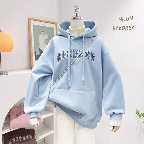 2022冬季新款设计感毛衣半高领连帽加绒上衣韩版字母百搭包臀卫衣图片