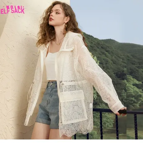 妖精的口袋轻薄蕾丝防晒外套女2023夏季新款连帽防晒衣百搭设计感商品大图