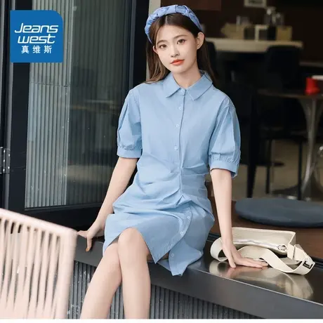 SP真维斯女款短袖连身裙2025春季新款休闲设计感女装衬衫连衣裙子图片