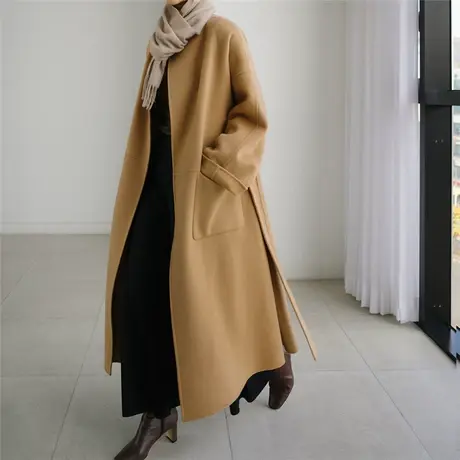 秋冬季毛呢外套女韩版宽松无领时尚长款茧型大衣女中长款极简大气商品大图