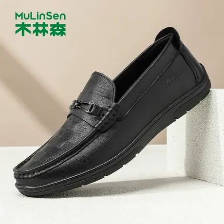 木林森豆豆鞋男款2025新款夏季透气薄款一脚蹬乐福鞋男士真皮休闲商品大图