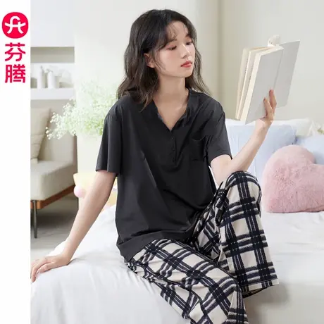芬腾睡衣女士短袖长裤纯棉夏季薄款2024新款休闲可外穿家居服套装商品大图