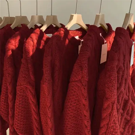 古着vintage麻花毛衣女秋冬高级感慵懒风重工粗线套头圆领针织衫图片