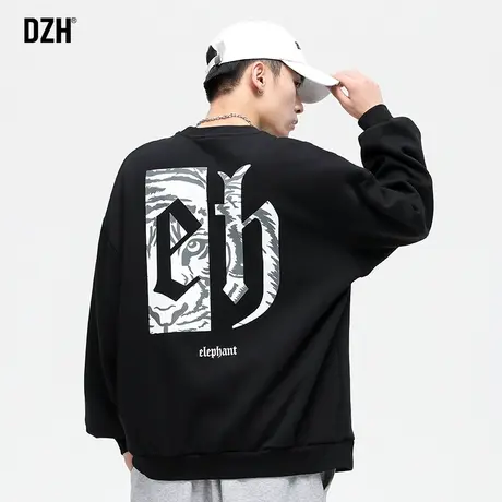 男士黑色美式卫衣男圆领潮牌秋季长袖上衣百搭男装2023年新款外套商品大图