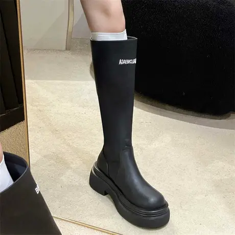 长筒靴女厚底高筒靴子2023年新款春秋季炸街百搭显瘦小个子骑士靴商品大图