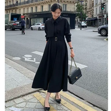 纯诗曼春秋新款风衣连衣裙女赫本风翻领系带收腰显瘦长袖气质外套图片
