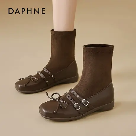 达芙妮棕色美拉德短靴女2025夏季新款复古英伦风瘦瘦靴软底袜靴子商品大图