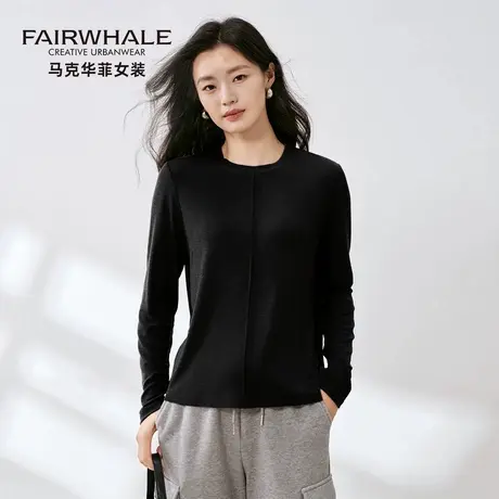 马克华菲长袖T恤打底衫女2025新款秋季宽松羊毛混纺内搭针织上衣商品大图