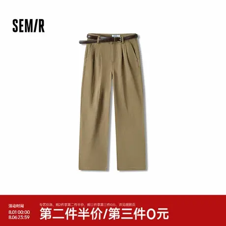 森马休闲裤女复古纯棉长裤腰带ins潮秋季磨毛做旧打褶阔腿裤潮流商品大图