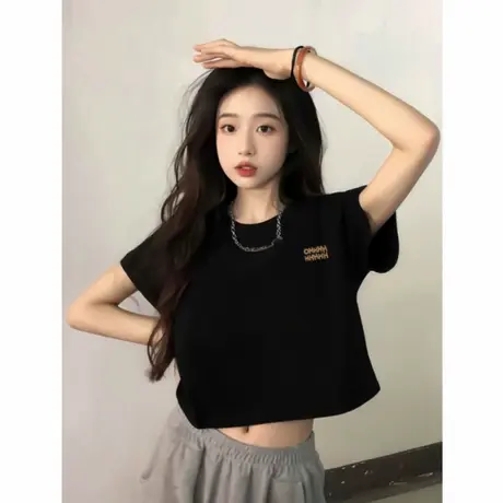 短款短袖女t恤2025新款爆款棉质修身显瘦半袖夏日漂亮黑色小上衣图片