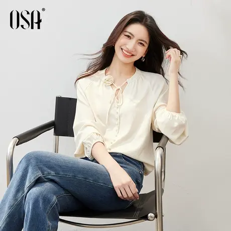 OSA欧莎法式复古玫瑰系带雪纺小衫女2025秋季新款灯笼袖衬衫上衣商品大图