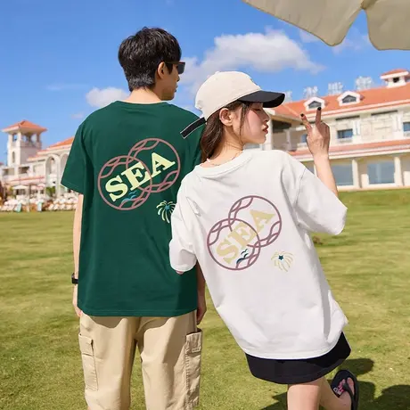 唐狮2024夏季新款短袖女海边椰树美式复古情侣装T恤上衣男夏装G商品大图