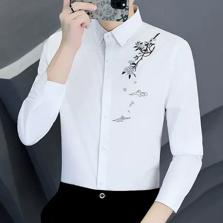 长袖衬衫男秋季中国风花卉刺绣男装潮流时尚修身内搭抗皱白色衬衣商品大图