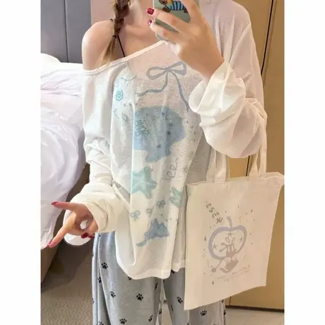 法式甜美长袖薄款t恤上衣女宽松学院风可爱流行穿搭罩衫防晒衫潮商品大图