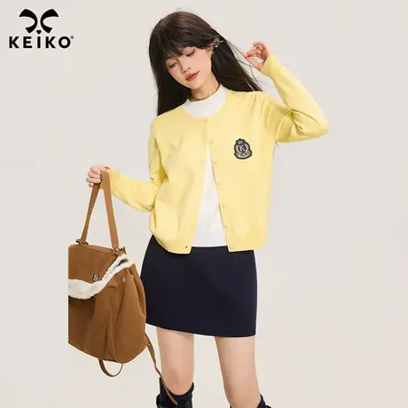 KEIKO 软糯黄色刺绣假两件针织开衫女2025秋季慵懒风薄款显瘦外套商品大图