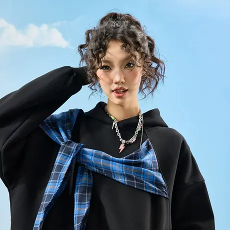 Nuthink美式复古绑带连帽卫衣拼色慵懒风潮牌宽松男女2025秋新款商品大图