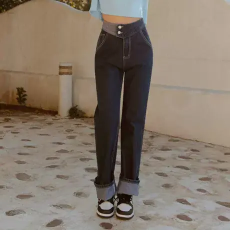 桔熊夏季牛仔长裤子女时髦不对称排扣高腰宽松直筒裤大码BA6971图片