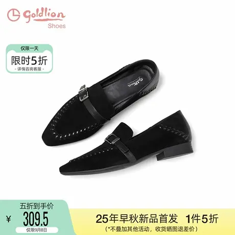 金利来女鞋2025秋季新款老钱风尖头乐福鞋女黑色一脚蹬豆豆鞋女鞋商品大图