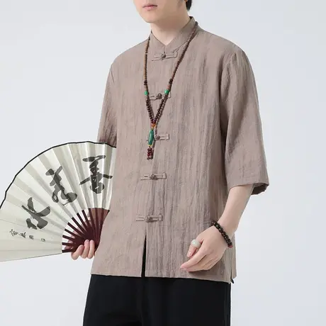 夏季新款男式衬衫休闲大码中国风男装盘扣复古宽松新半袖中式衬衣商品大图