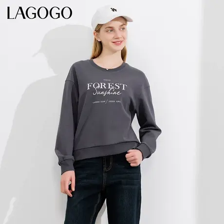 LAGOGO学院风灰色字母卫衣女拉谷谷春秋款格雷系穿搭休闲上衣商品大图