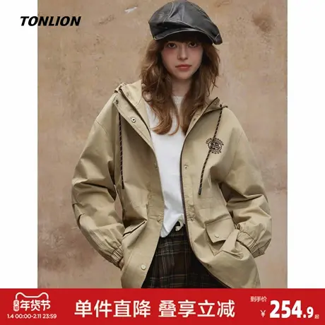 唐狮25秋季连帽外套女卡其潮流中长款早秋时尚气质风衣学院休闲图片