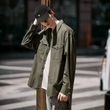 唐狮秋季新款长袖衬衫男翻领简约工装衬衫日系上衣外套宽松潮TD图片