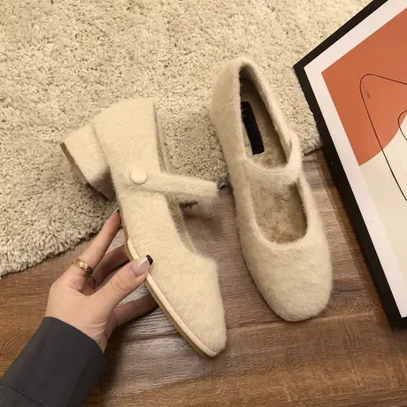 毛毛鞋女秋冬2023新款玛丽珍高跟水貂毛加绒保暖玛丽珍外穿奶奶鞋商品大图