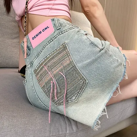 撞色流苏牛仔短裤女夏季薄款2023年新款毛边高腰显瘦宽松A字热裤商品大图